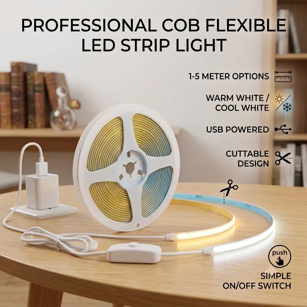 Котушка COB LED-стрічки з USB-кабелем, кнопкою та підсвіченою ділянкою стрічки на столі